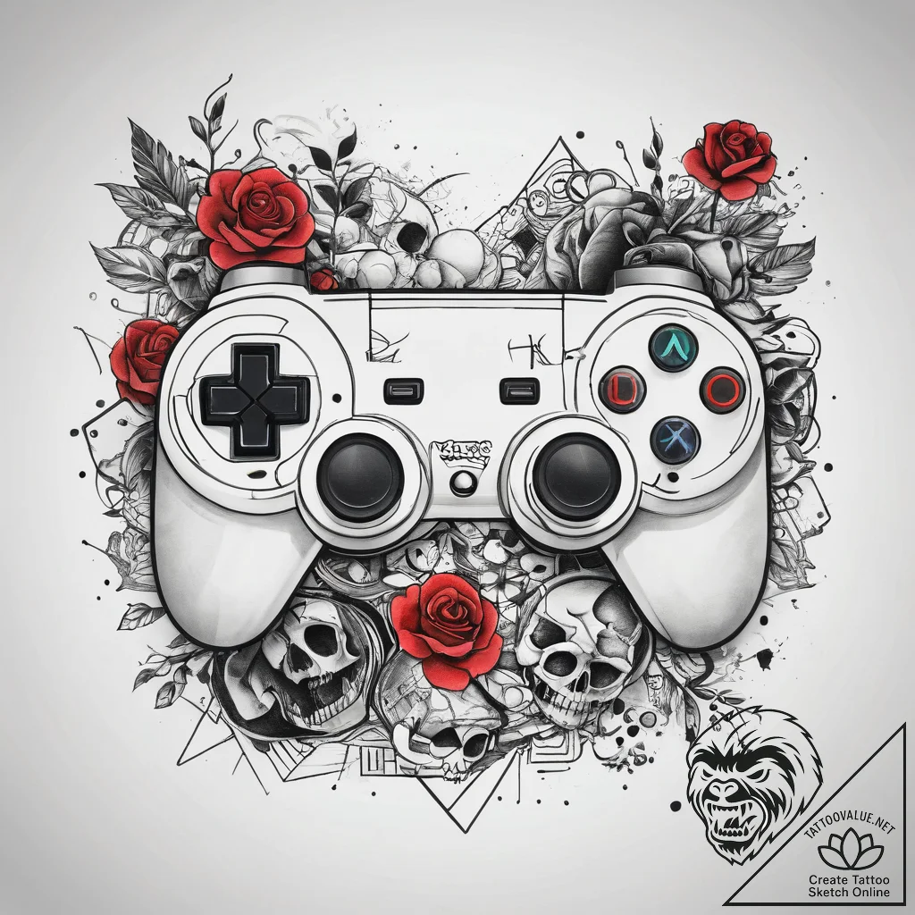Tattoo sketch gaming controller with a skull,... - tattoo sketch (№1757829120_0, 14.09.2025 05:52) — tattoovalue.net