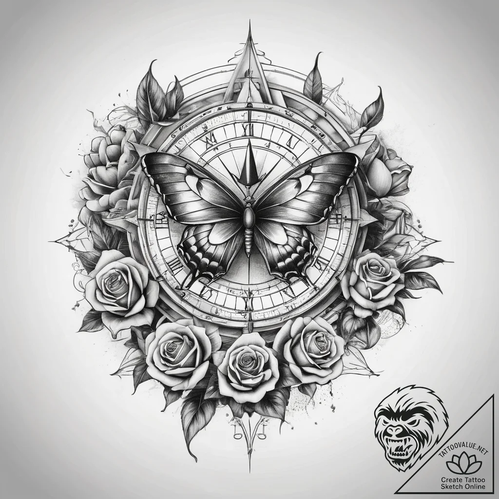 Tattoo sketch sundial with a butterfly, artis... - tattoo sketch (№1757829314_0, 14.09.2025 05:55) — tattoovalue.net