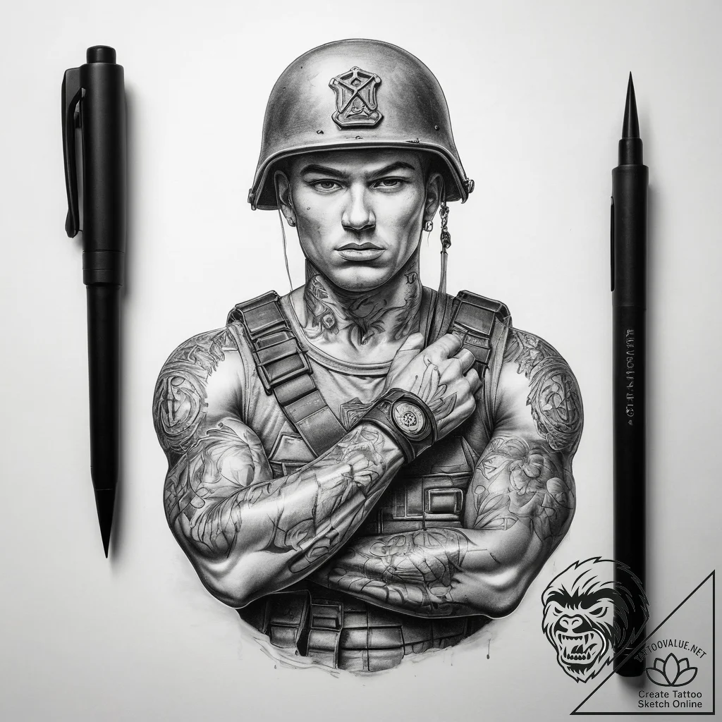 Tattoo sketch soldier with a lock - tattoo sketch (№1757829507_0, 14.09.2025 05:58) — tattoovalue.net
