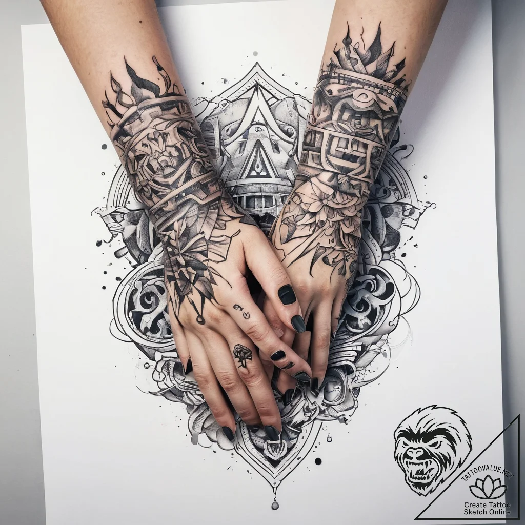 Tattoo sketch hands with a letter, ink illust... - tattoo sketch (№1757830282_0, 14.09.2025 06:11) — tattoovalue.net