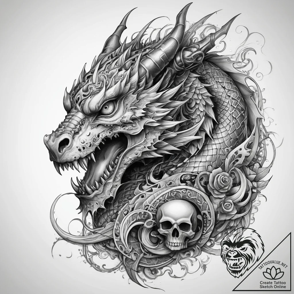 Tattoo sketch dragon with a skull, concept ar... - tattoo sketch (№1757831643_0, 14.09.2025 06:34) — tattoovalue.net