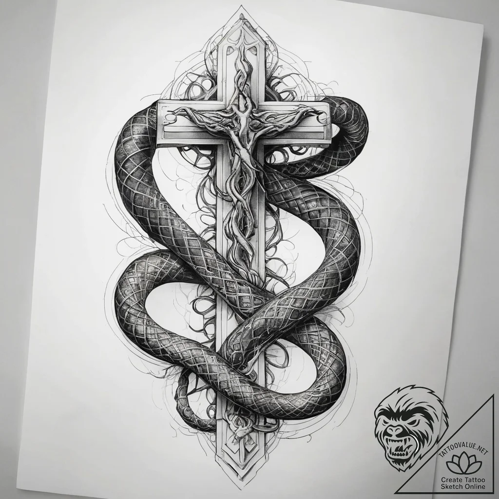 Tattoo sketch snake wrapped around a cross - tattoo sketch (№1757832030_0, 14.09.2025 06:40) — tattoovalue.net