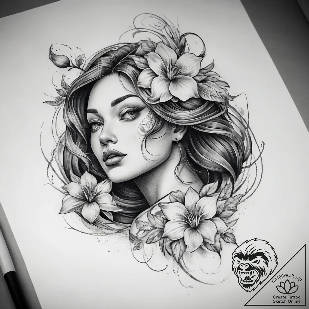 Tattoo sketch siren with a flower, artistic t... - tattoo sketch (№1757834938_0, 14.09.2025 07:28) — tattoovalue.net