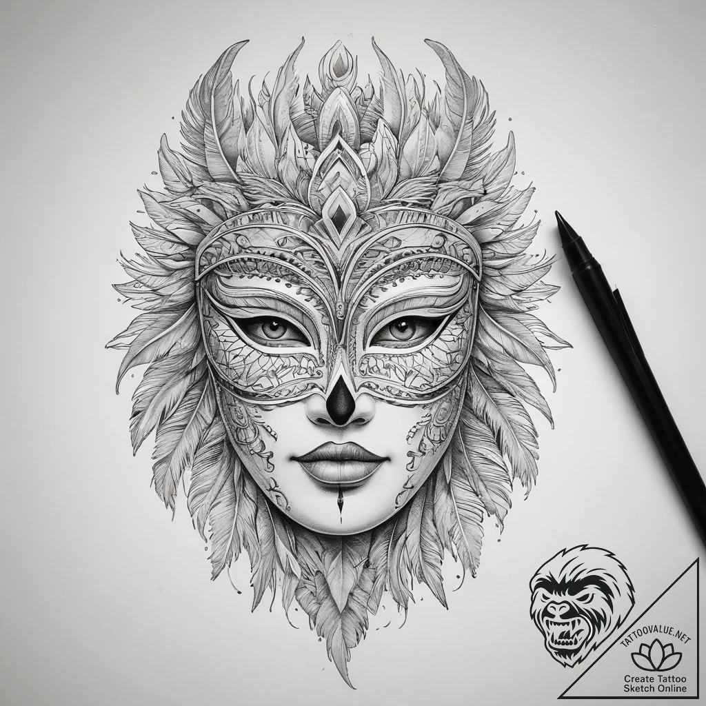 Tattoo sketch feathered mask tattoo, tattoo s... - tattoo sketch (№1757835518_0, 14.09.2025 07:38) — tattoovalue.net