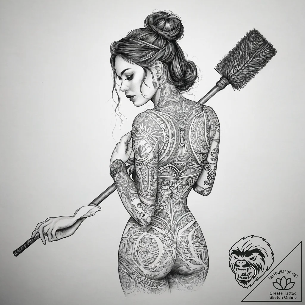 Tattoo sketch cleaner a person with a broom,... - tattoo sketch (№1757839607_0, 14.09.2025 08:46) — tattoovalue.net