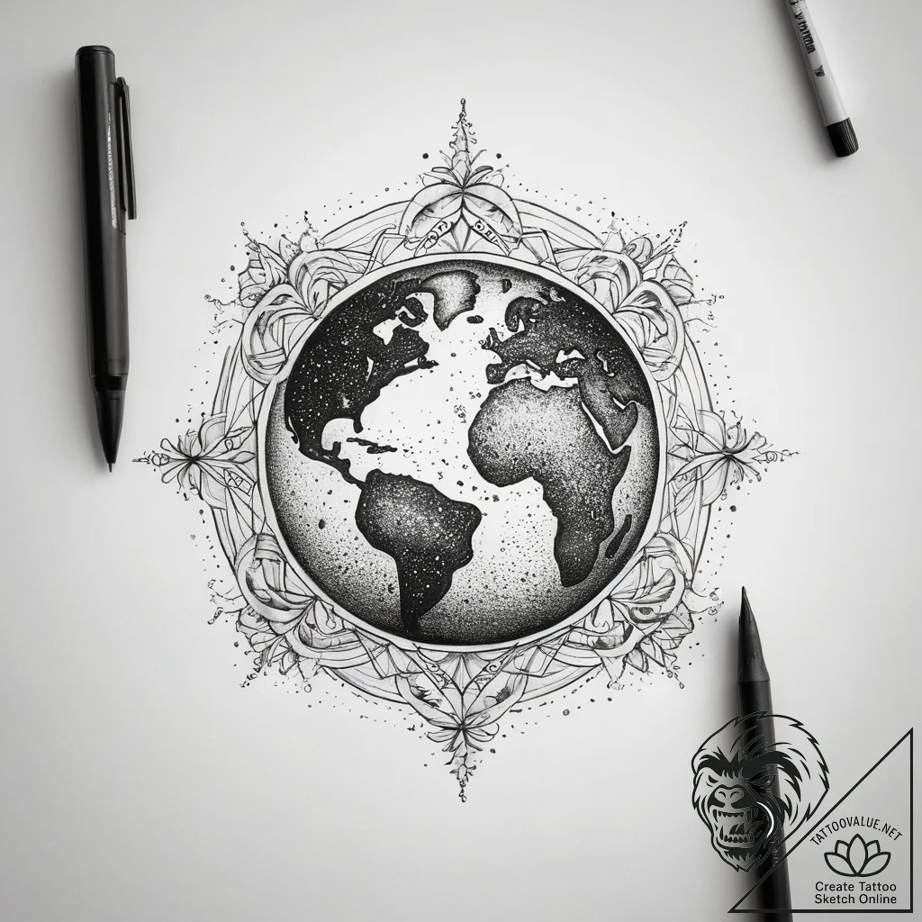 Tattoo sketch cosmic earth, concept art for t... - tattoo sketch (№1757844322_0, 14.09.2025 10:05) — tattoovalue.net
