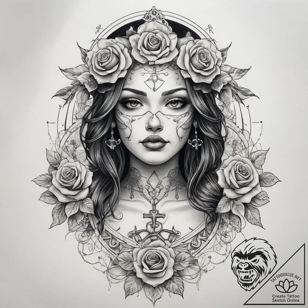 Tattoo sketch goddess in robes, artistic tatt... - tattoo sketch (№1757850780_0, 14.09.2025 11:53) — tattoovalue.net