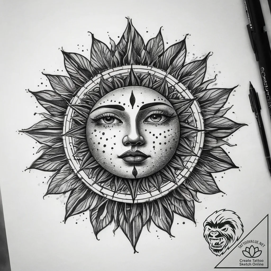 Tattoo sketch sun face, ink illustration for... - tattoo sketch (№1757858244_0, 14.09.2025 13:57) — tattoovalue.net