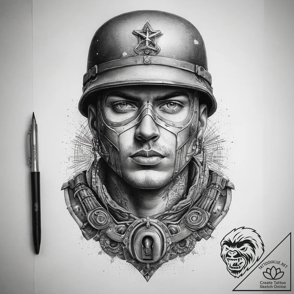 Tattoo sketch soldier with a lock, artistic t... - tattoo sketch (№1757864352_0, 14.09.2025 15:39) — tattoovalue.net