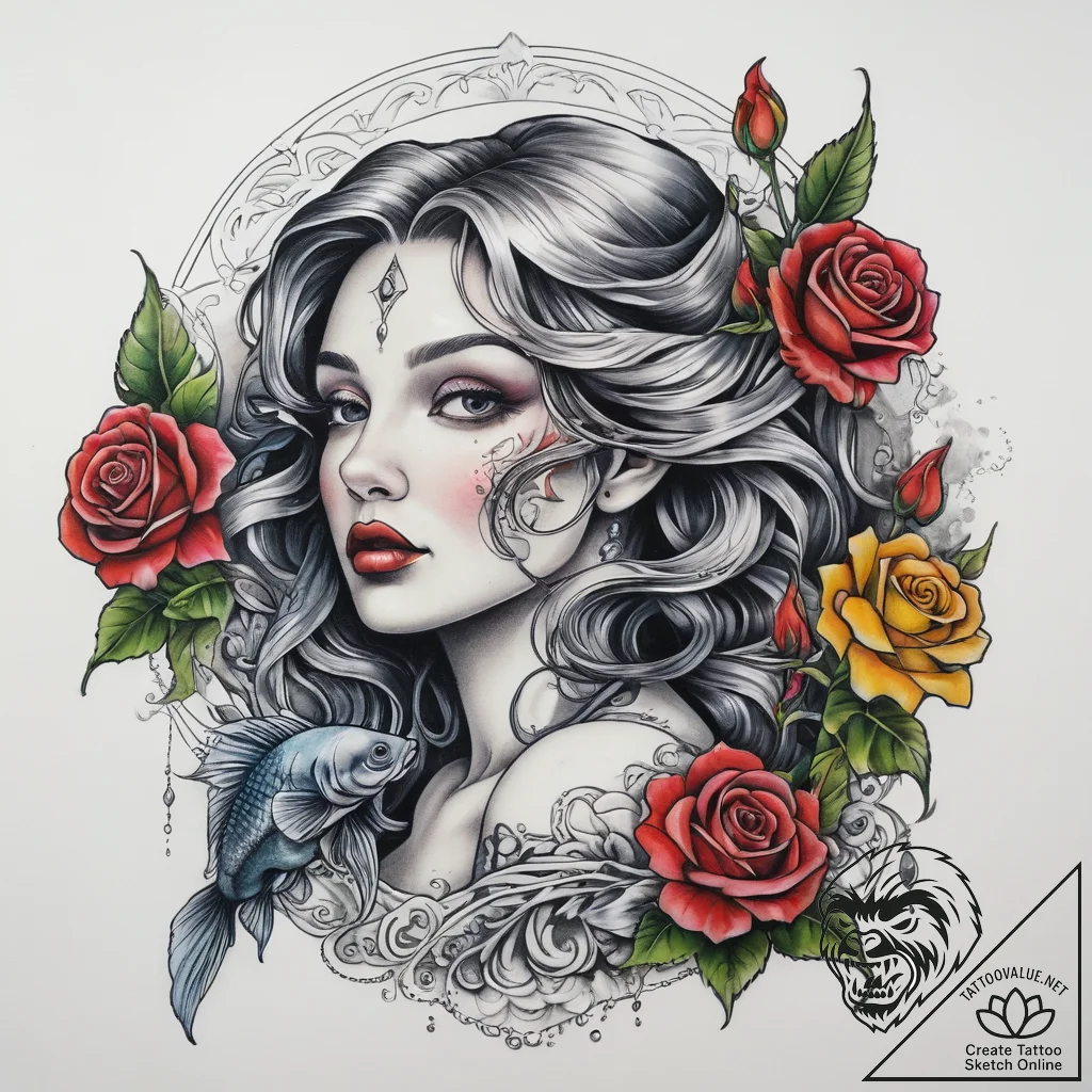 Tattoo sketch rusalka, the water nymph, with... - tattoo sketch (№1757870082_0, 14.09.2025 17:14) — tattoovalue.net