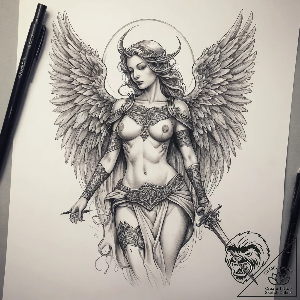 Tattoo sketch angel with sword, tattoo sketch... - tattoo sketch (№1757883450_0, 14.09.2025 20:57) — tattoovalue.net