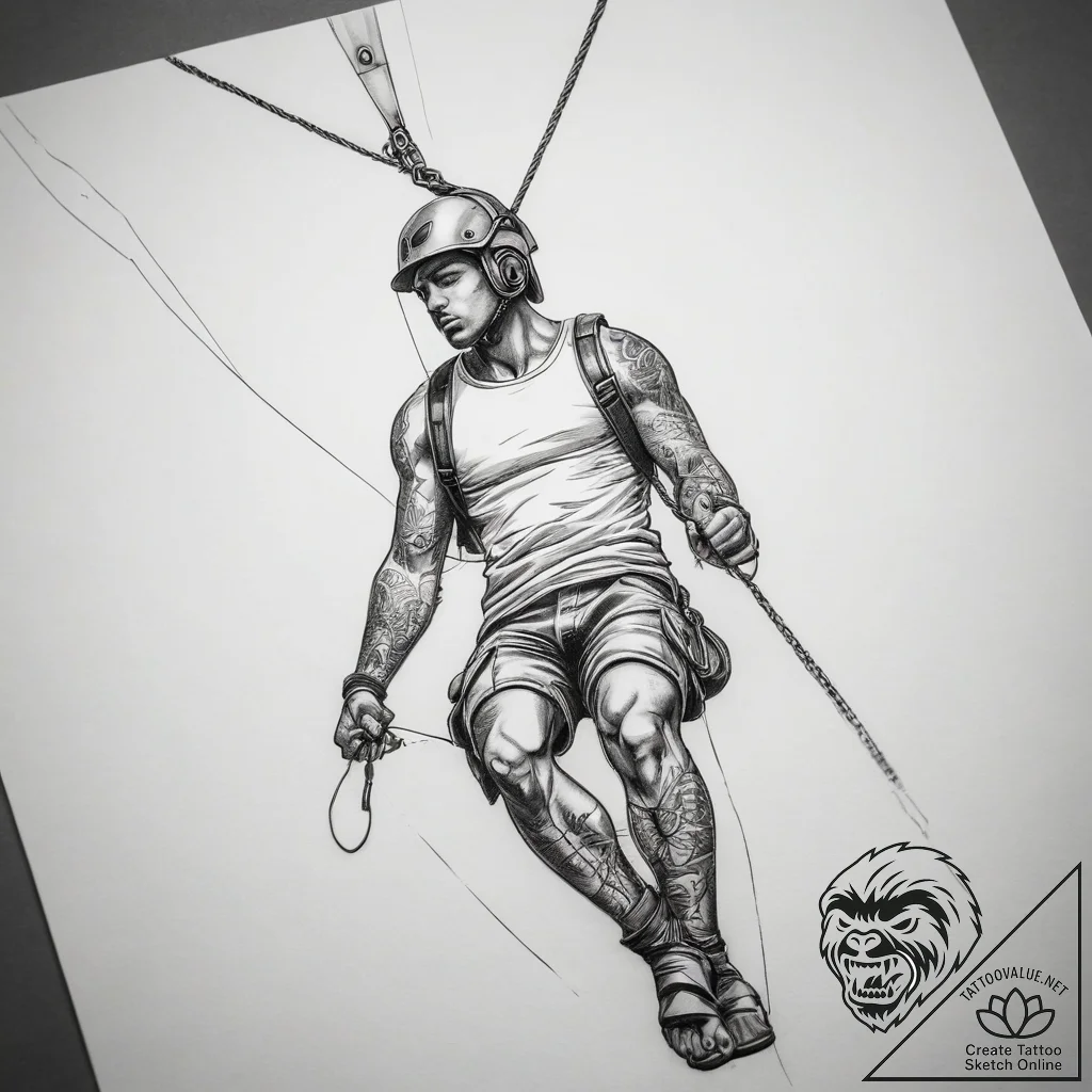 Tattoo sketch ziplining person on a line, tat... - tattoo sketch (№1757885433_0, 14.09.2025 21:30) — tattoovalue.net