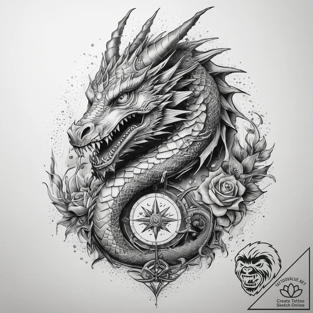Tattoo sketch dragon with a treasure, artisti... - tattoo sketch (№1757890159_0, 14.09.2025 22:49) — tattoovalue.net