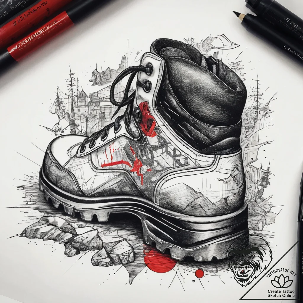 Tattoo sketch hiking hiking boots and a trail... - tattoo sketch (№1757891557_0, 14.09.2025 23:12) — tattoovalue.net