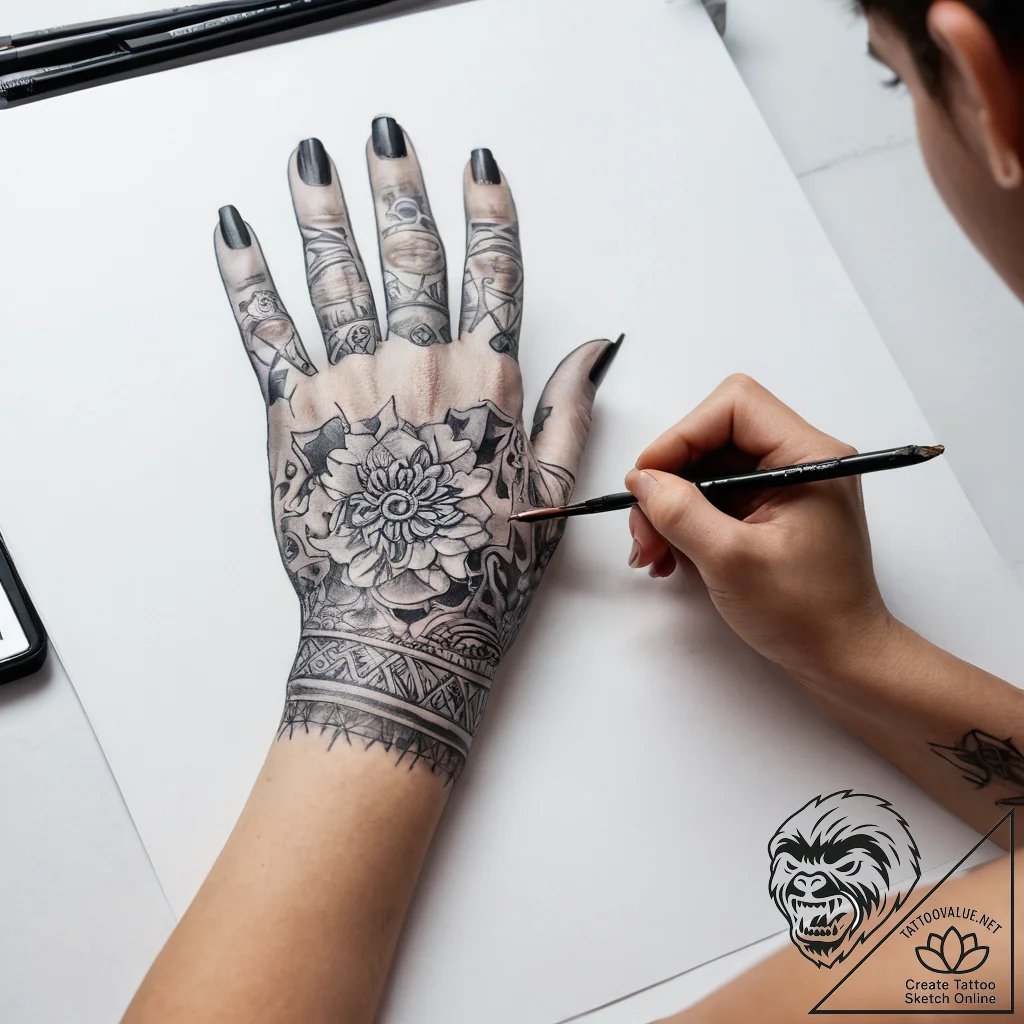 Tattoo sketch hands with a brush - tattoo sketch (№1757892737_0, 14.09.2025 23:32) — tattoovalue.net
