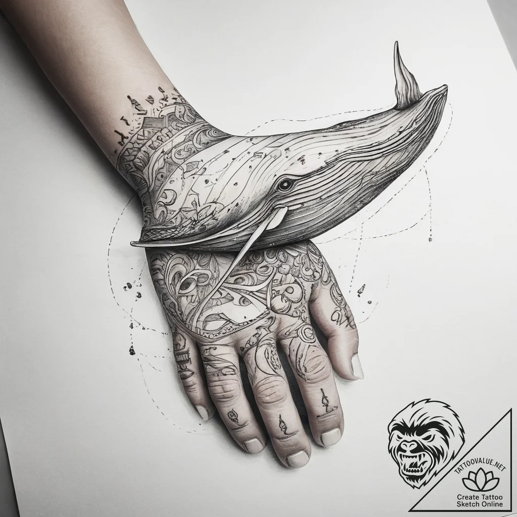 Tattoo sketch hands with a whale, tattoo line... - tattoo sketch (№1757895696_0, 15.09.2025 00:21) — tattoovalue.net