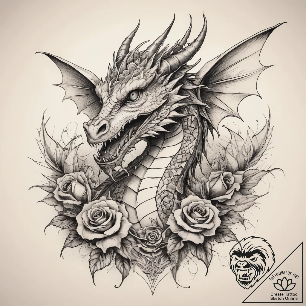 Tattoo sketch dragon with a rose, tattoo flas... - tattoo sketch (№1757897664_0, 15.09.2025 00:54) — tattoovalue.net