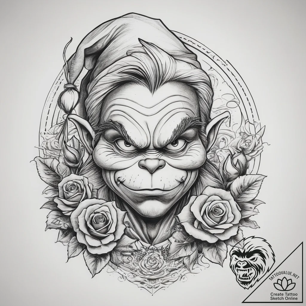 Tattoo sketch the grinch with a hair, tattoo... - tattoo sketch (№1757902023_0, 15.09.2025 02:07) — tattoovalue.net