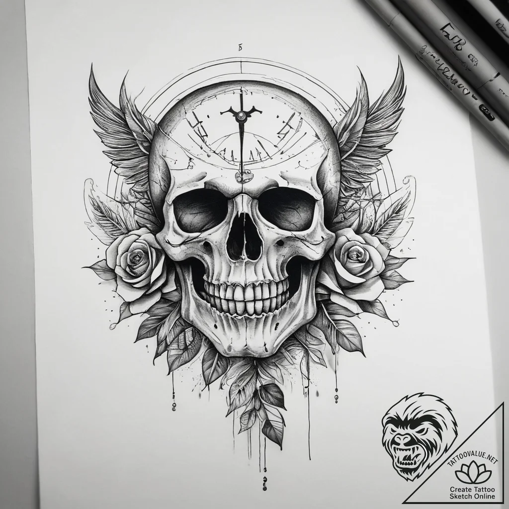 Tattoo sketch clock and a skull, tattoo drawi... - tattoo sketch (№1757903791_0, 15.09.2025 02:36) — tattoovalue.net