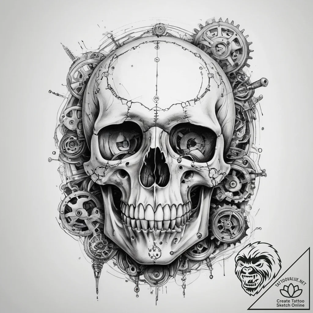 Tattoo sketch череп с механическими деталями - tattoo sketch (№1757908335_0, 15.09.2025 03:52) — tattoovalue.net