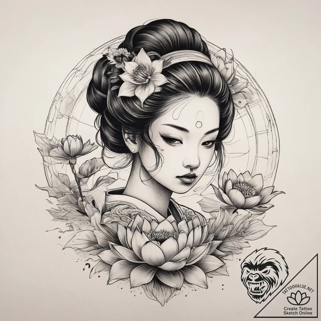 Tattoo sketch geisha with a lotus, ink illust... - tattoo sketch (№1757915614_0, 15.09.2025 05:53) — tattoovalue.net