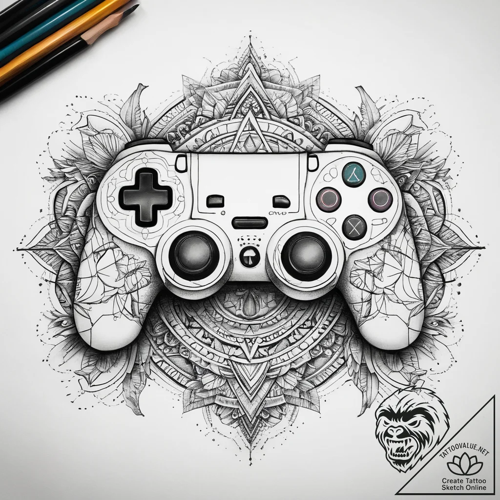 Tattoo sketch gaming controller with a skull,... - tattoo sketch (№1757915813_0, 15.09.2025 05:56) — tattoovalue.net