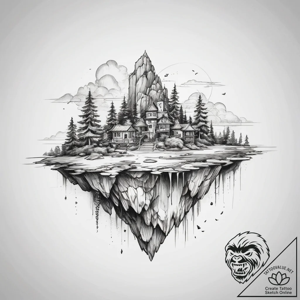 Tattoo sketch floating island, concept art fo... - tattoo sketch (№1757917598_0, 15.09.2025 06:26) — tattoovalue.net