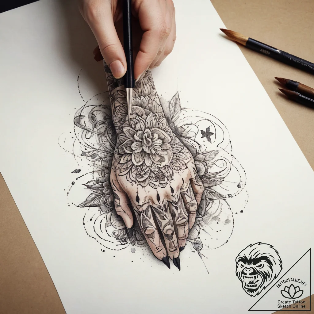 Tattoo sketch hands with a brush, tattoo line... - tattoo sketch (№1757925927_0, 15.09.2025 08:45) — tattoovalue.net