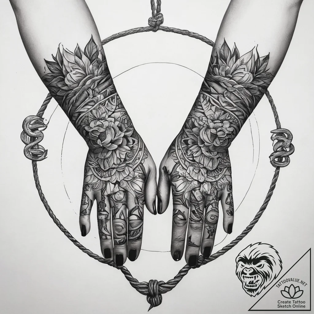 Tattoo sketch hands with a rope, concept art... - tattoo sketch (№1757928178_0, 15.09.2025 09:22) — tattoovalue.net