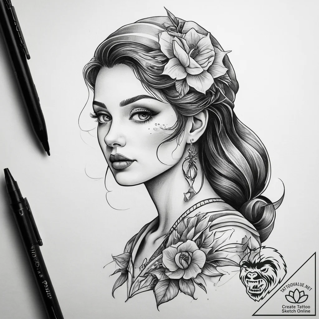 Tattoo sketch graceful woman, artistic tattoo... - tattoo sketch (№1757947355_0, 15.09.2025 14:42) — tattoovalue.net