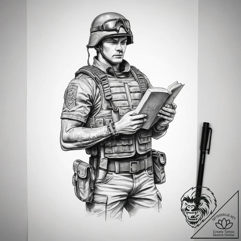 Tattoo sketch soldier with a book - tattoo sketch (№1757949333_0, 15.09.2025 15:15) — tattoovalue.net