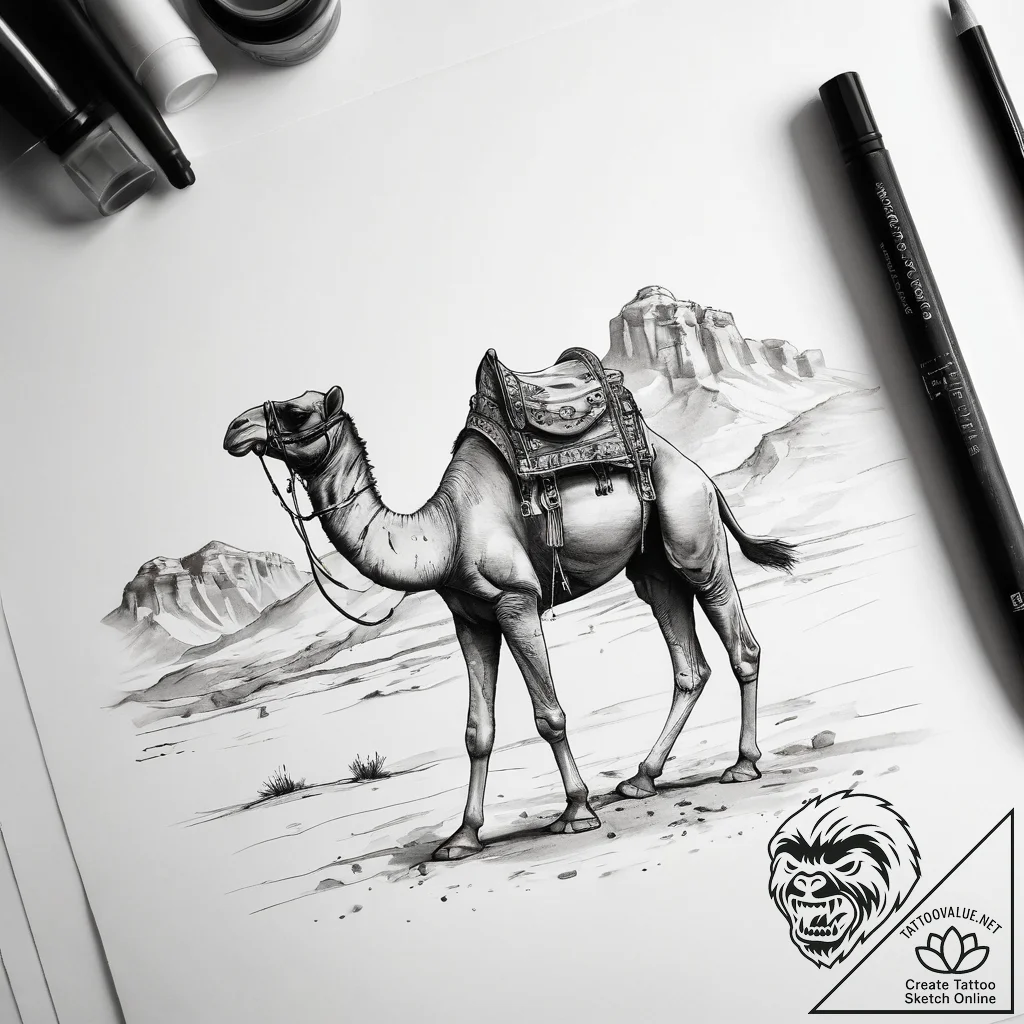 Tattoo sketch desert exploration with a camel - tattoo sketch (№1757952852_0, 15.09.2025 16:14) — tattoovalue.net