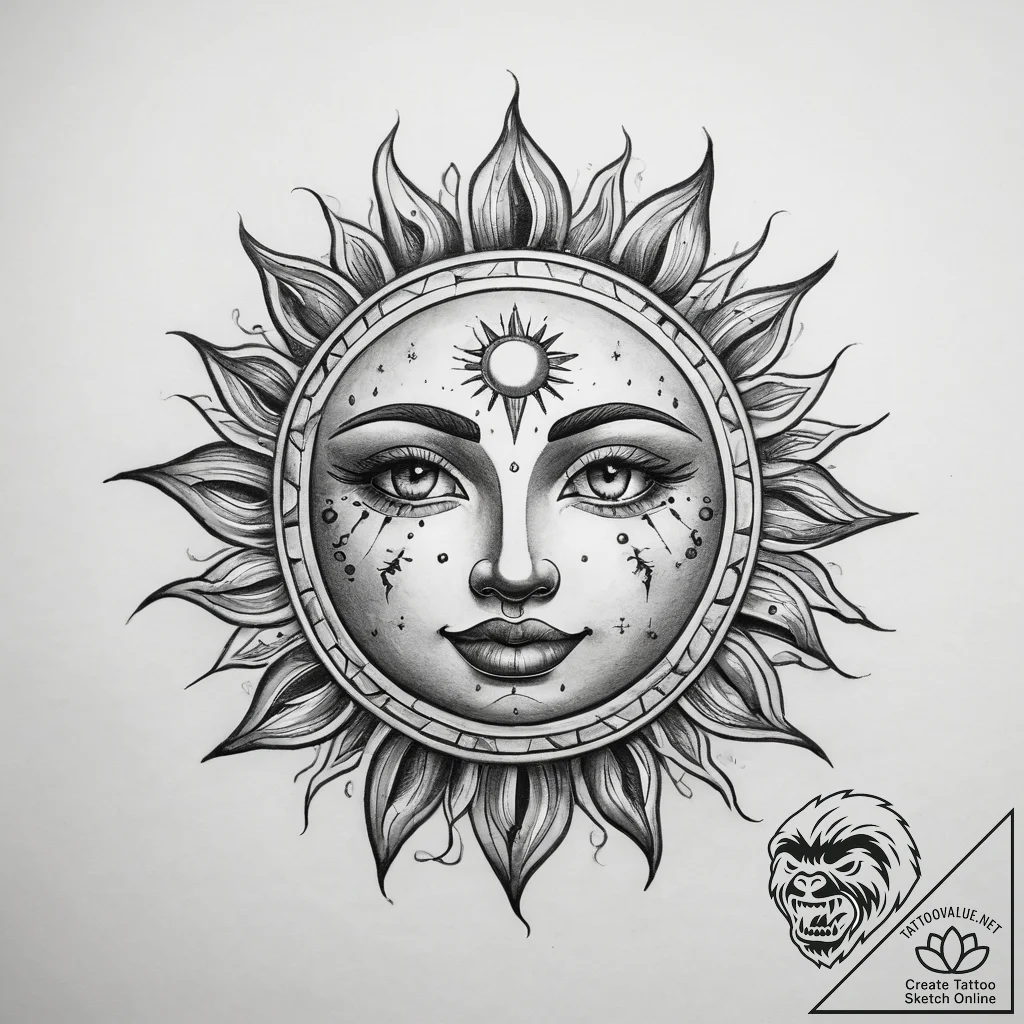 Tattoo sketch sun face - tattoo sketch (№1757956216_0, 15.09.2025 17:10) — tattoovalue.net