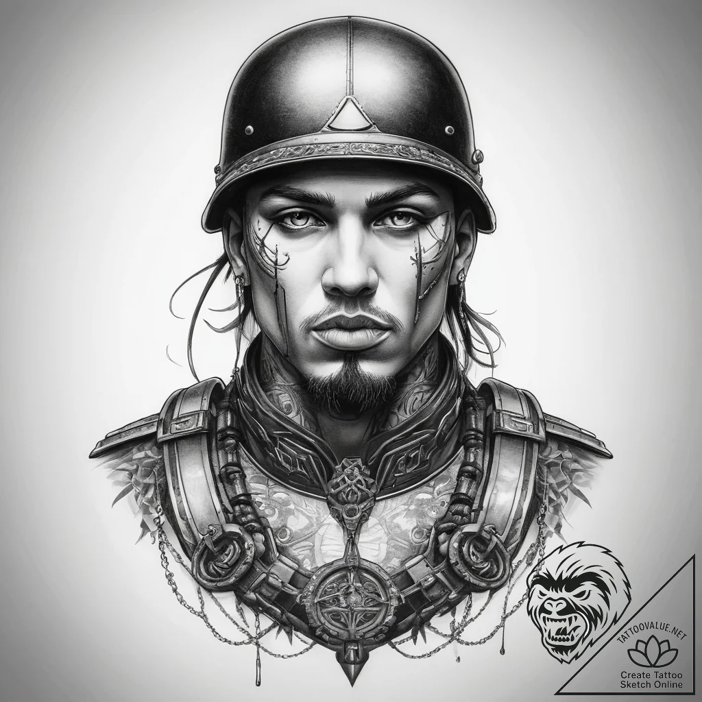 Tattoo sketch soldier with a chain, concept a... - tattoo sketch (№1757962099_0, 15.09.2025 18:48) — tattoovalue.net