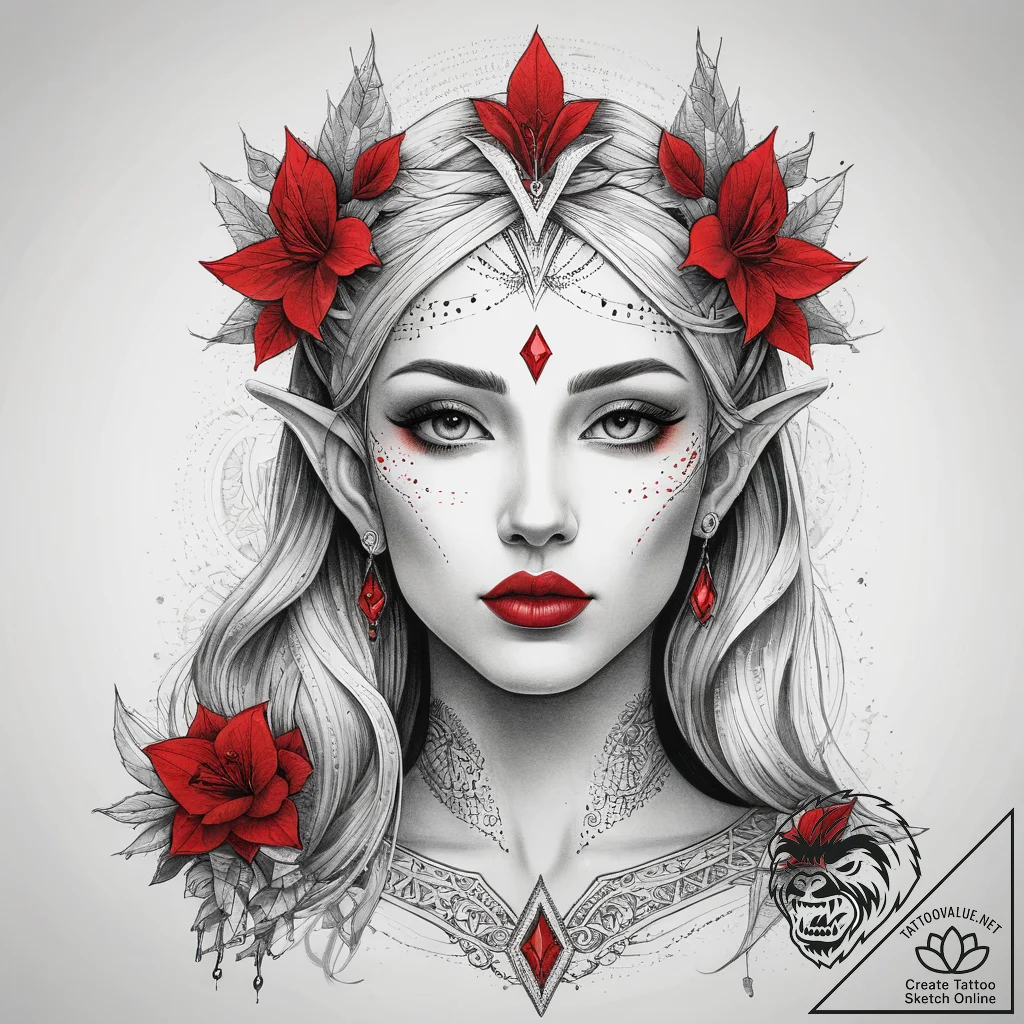 Tattoo sketch elven queen beauty, tattoo line... - tattoo sketch (№1757966255_0, 15.09.2025 19:57) — tattoovalue.net