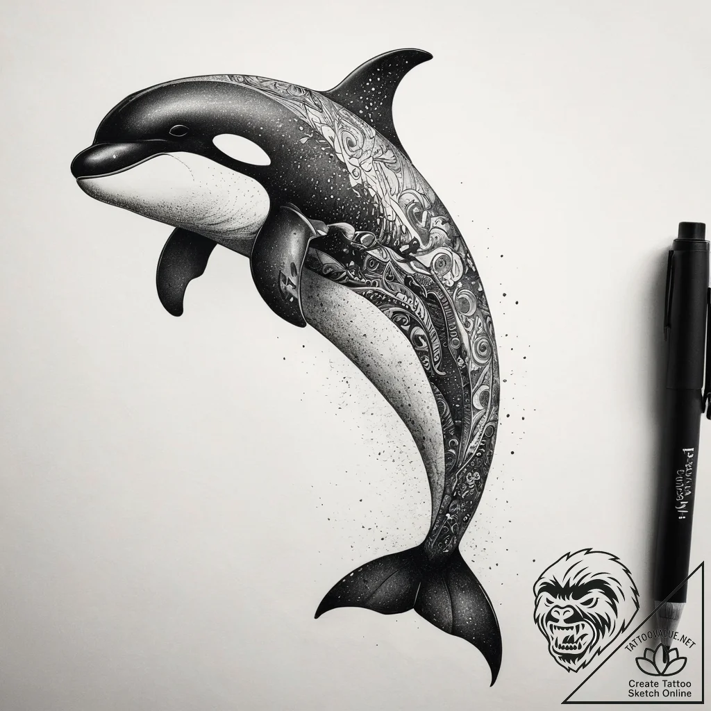 Tattoo sketch puns a killer whale that says "... - tattoo sketch (№1757979105_0, 15.09.2025 23:31) — tattoovalue.net