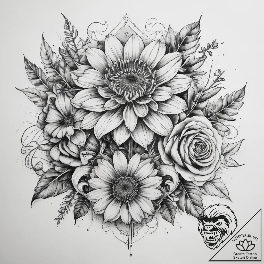 Tattoo sketch calendula, tattoo sketch design... - tattoo sketch (№1758001119_0, 16.09.2025 05:38) — tattoovalue.net