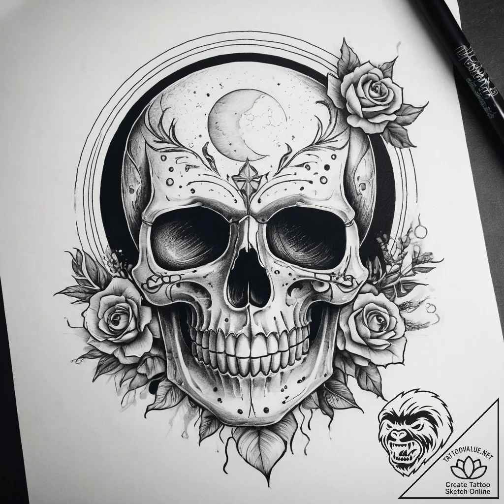 Tattoo sketch узор в виде черепа с луной, ink... - tattoo sketch (№1758001313_0, 16.09.2025 05:41) — tattoovalue.net