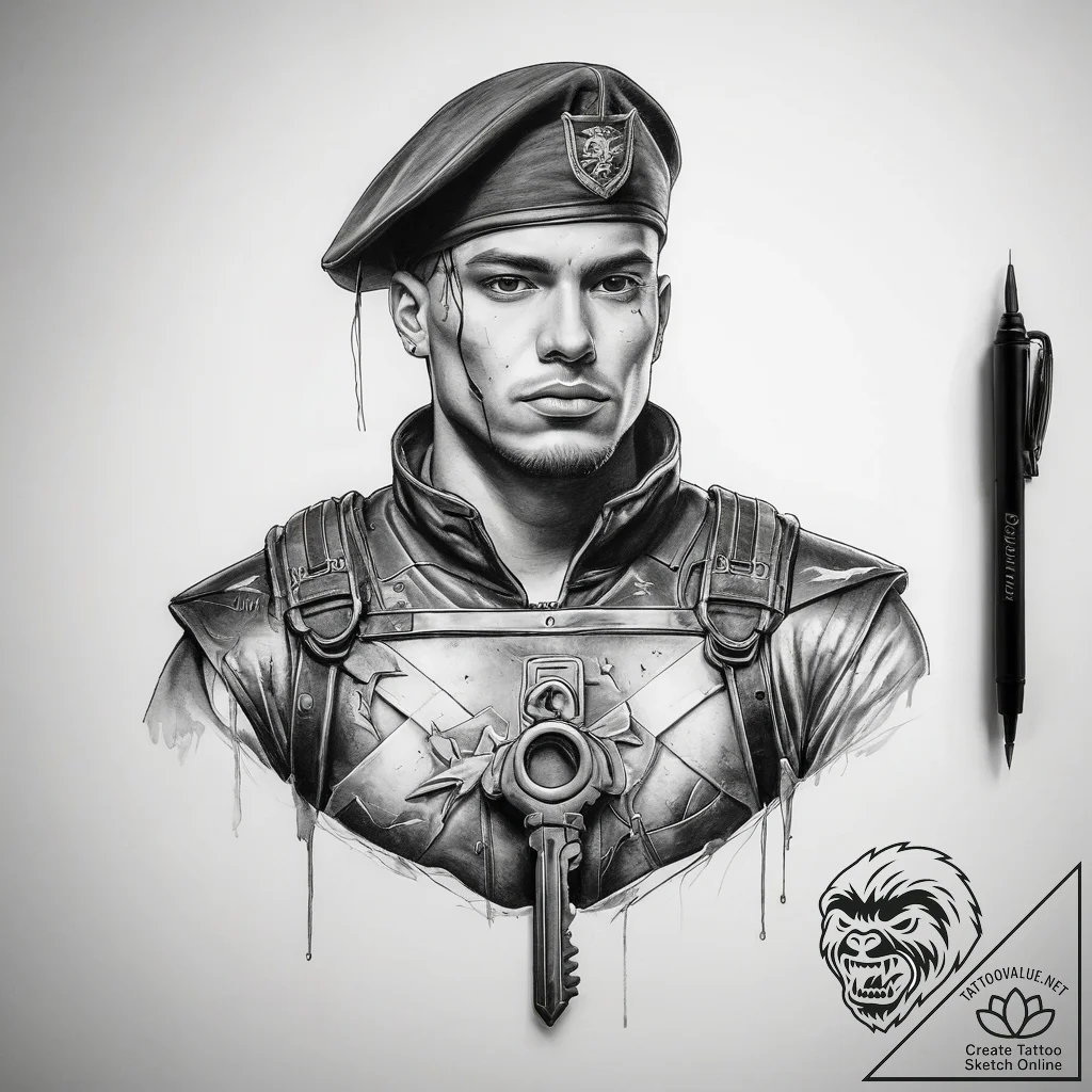Tattoo sketch soldier with a key - tattoo sketch (№1758005259_0, 16.09.2025 06:47) — tattoovalue.net
