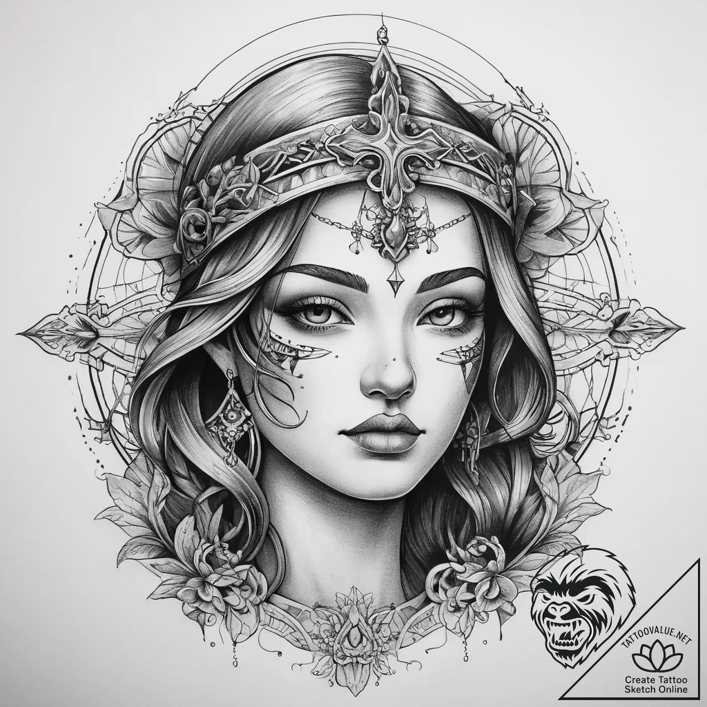 Tattoo sketch goddess tattoo, ink illustratio... - tattoo sketch (№1758035351_0, 16.09.2025 15:09) — tattoovalue.net