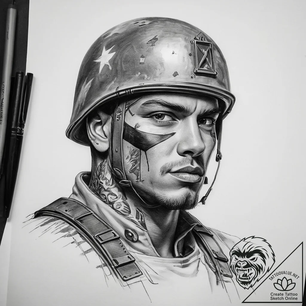 Tattoo sketch soldier with a brush, concept a... - tattoo sketch (№1758036333_0, 16.09.2025 15:25) — tattoovalue.net