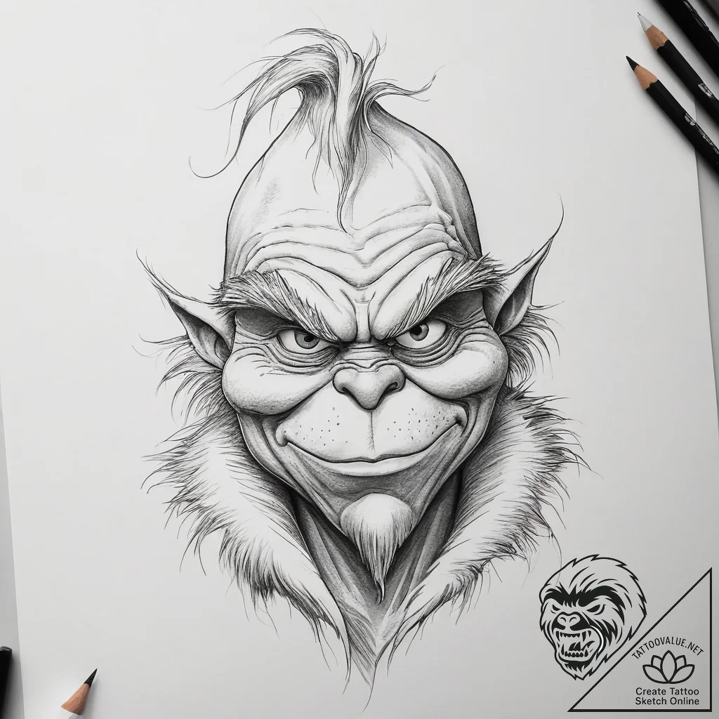Tattoo sketch the grinch with a wing, tattoo... - tattoo sketch (№1758040245_0, 16.09.2025 16:30) — tattoovalue.net