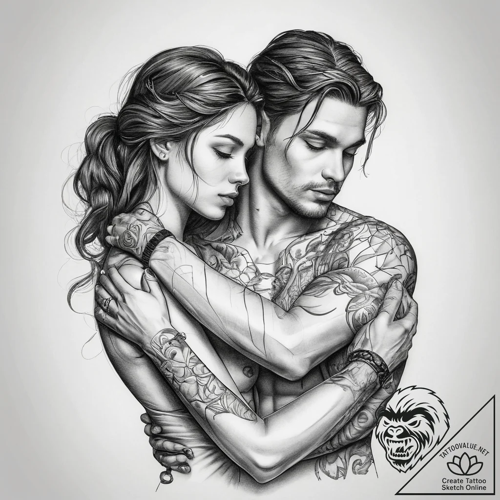 Tattoo sketch two figures embracing in a fine... - tattoo sketch (№1758041031_0, 16.09.2025 16:43) — tattoovalue.net
