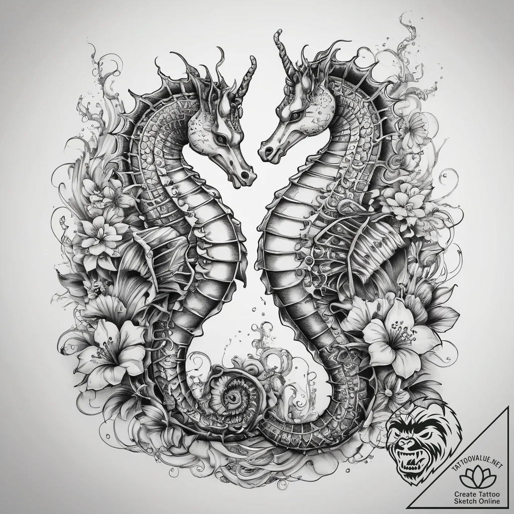Tattoo sketch seahorse, tattoo line art, on a... - tattoo sketch (№1758043948_0, 16.09.2025 17:32) — tattoovalue.net