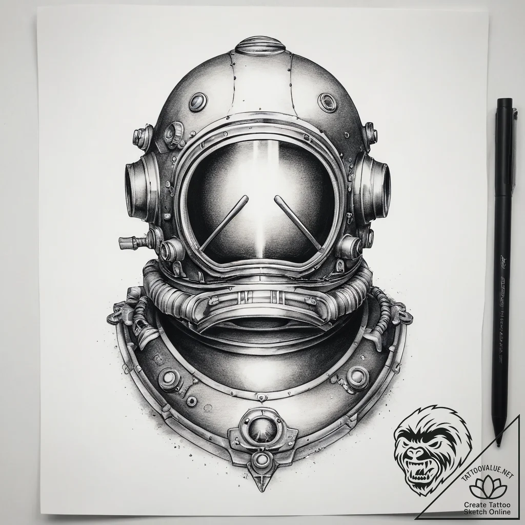 Tattoo sketch deep sea diver helmet - tattoo sketch (№1758044143_0, 16.09.2025 17:35) — tattoovalue.net