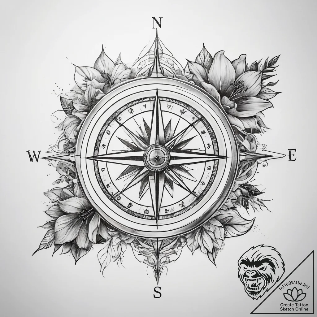 Tattoo sketch compass with a flower - tattoo sketch (№1758046467_0, 16.09.2025 18:14) — tattoovalue.net