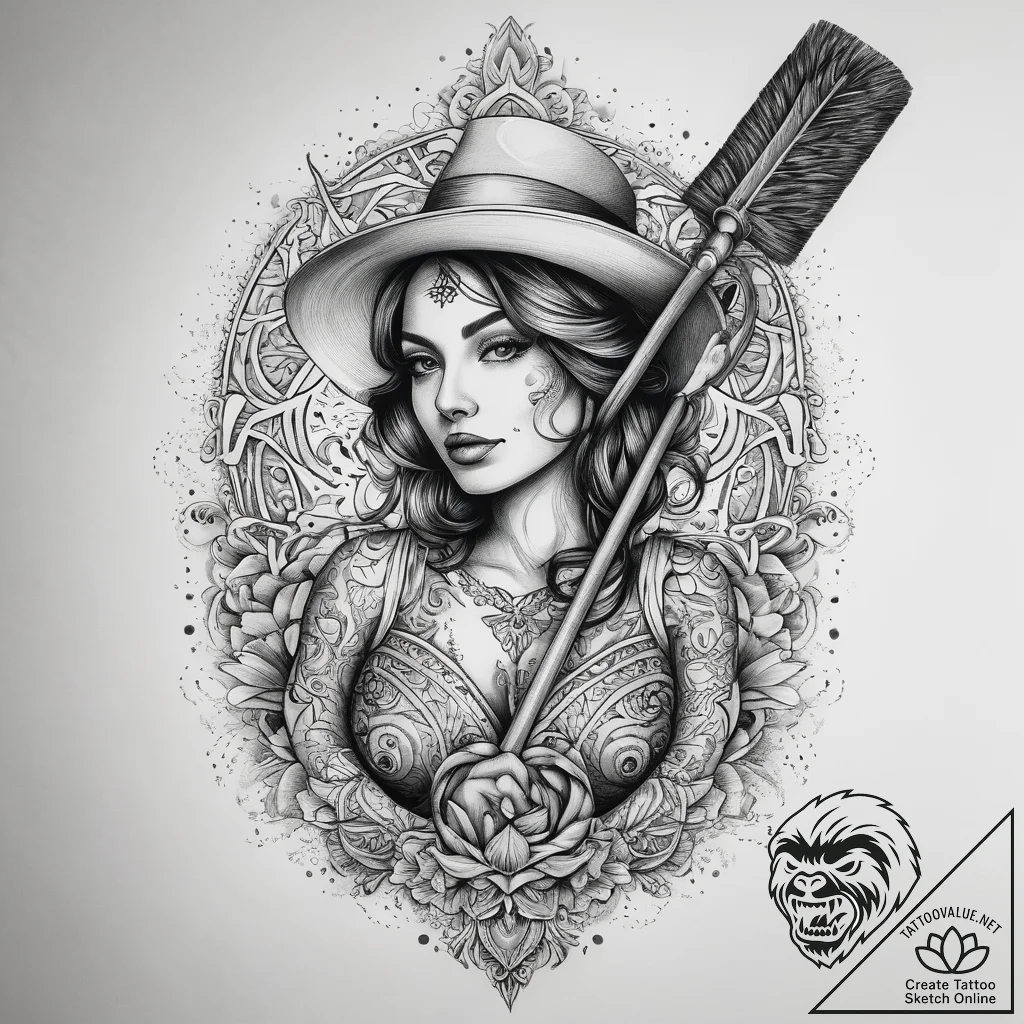 Tattoo sketch curling a person with a broom,... - tattoo sketch (№1758048791_0, 16.09.2025 18:53) — tattoovalue.net