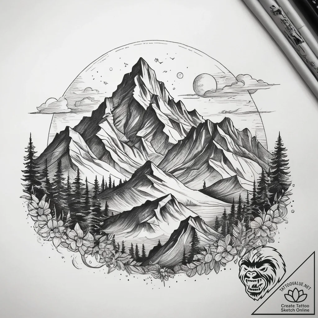 Tattoo sketch горы, concept art for tattoo, s... - tattoo sketch (№1758054216_0, 16.09.2025 20:23) — tattoovalue.net