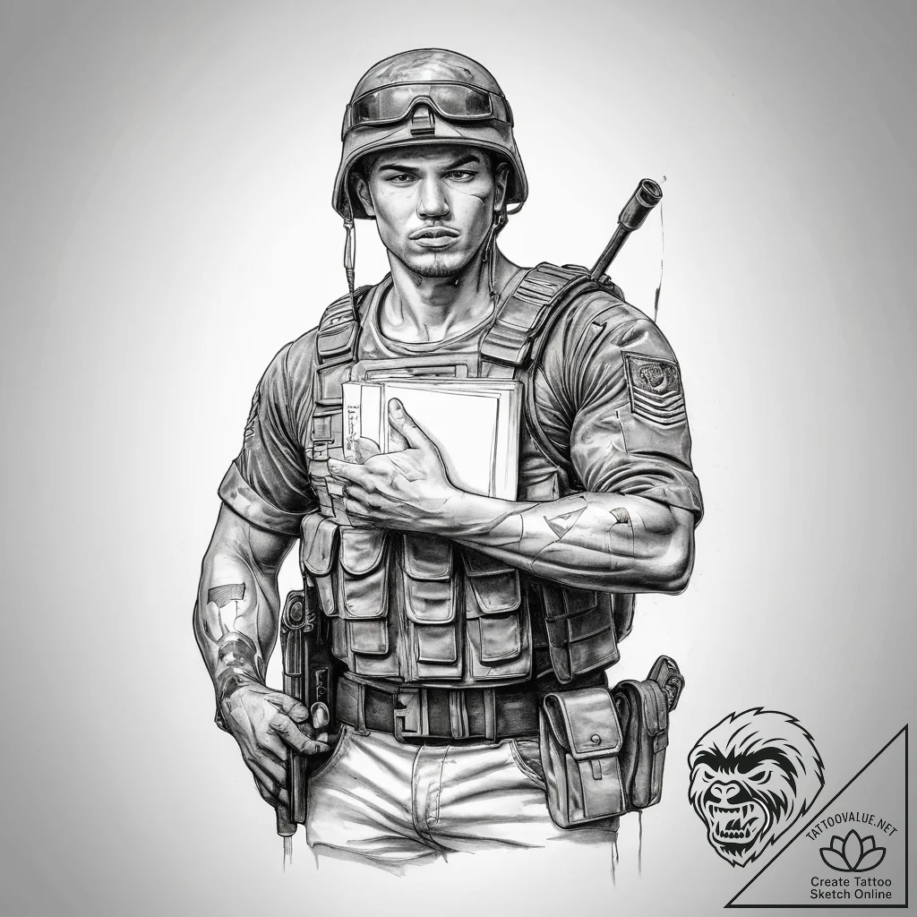 Tattoo sketch soldier with a book - tattoo sketch (№1758056355_0, 16.09.2025 20:59) — tattoovalue.net