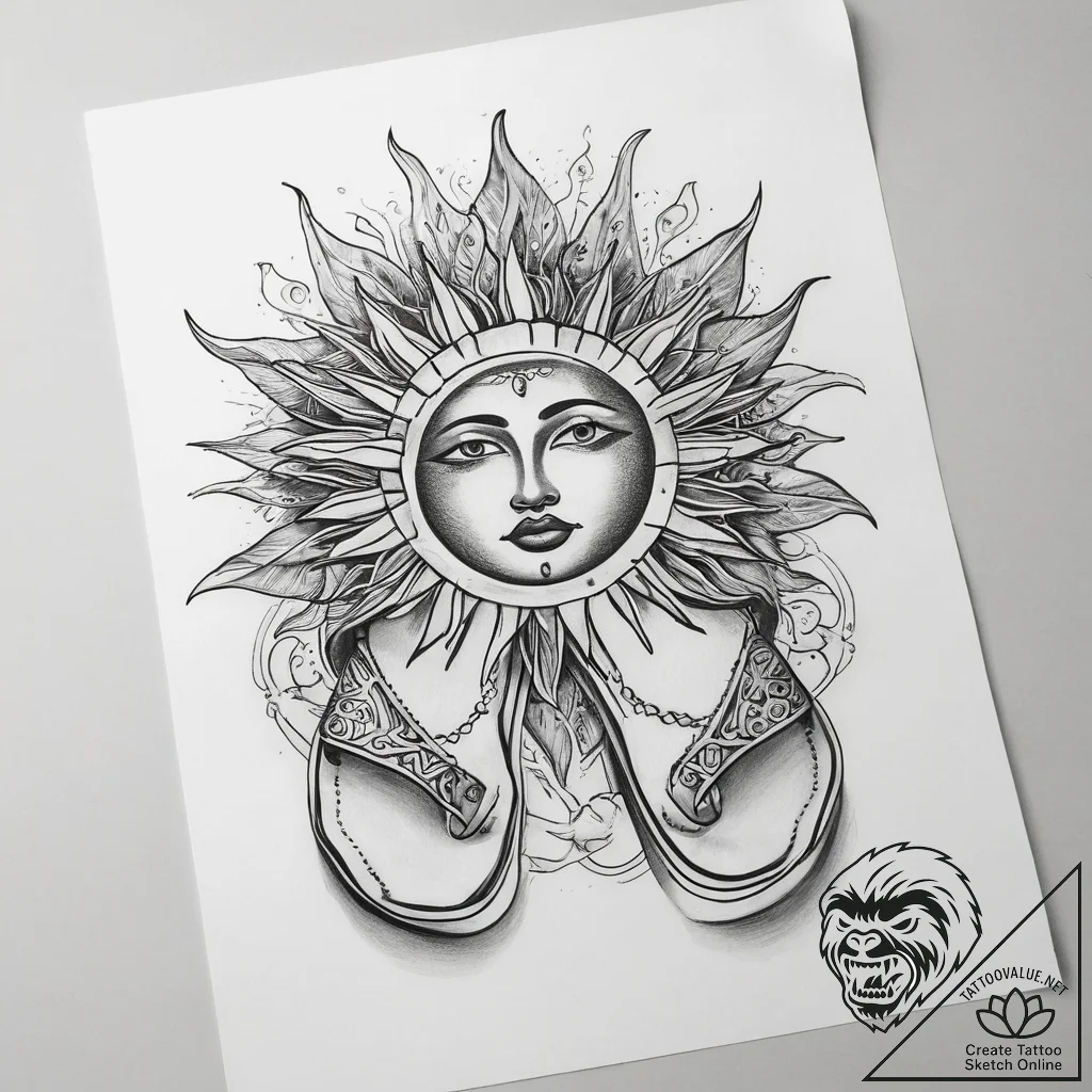 Tattoo sketch sandal with a sun - tattoo sketch (№1758057903_0, 16.09.2025 21:25) — tattoovalue.net